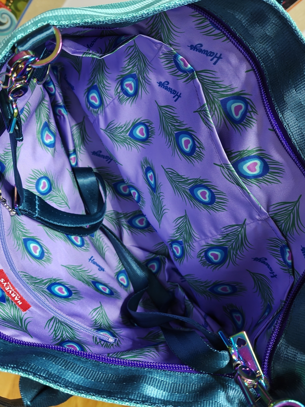 Harveys Peacock Teal, Aqua & Dark Green Striped Tote with Crossbody Strap - Picture 5 of 5